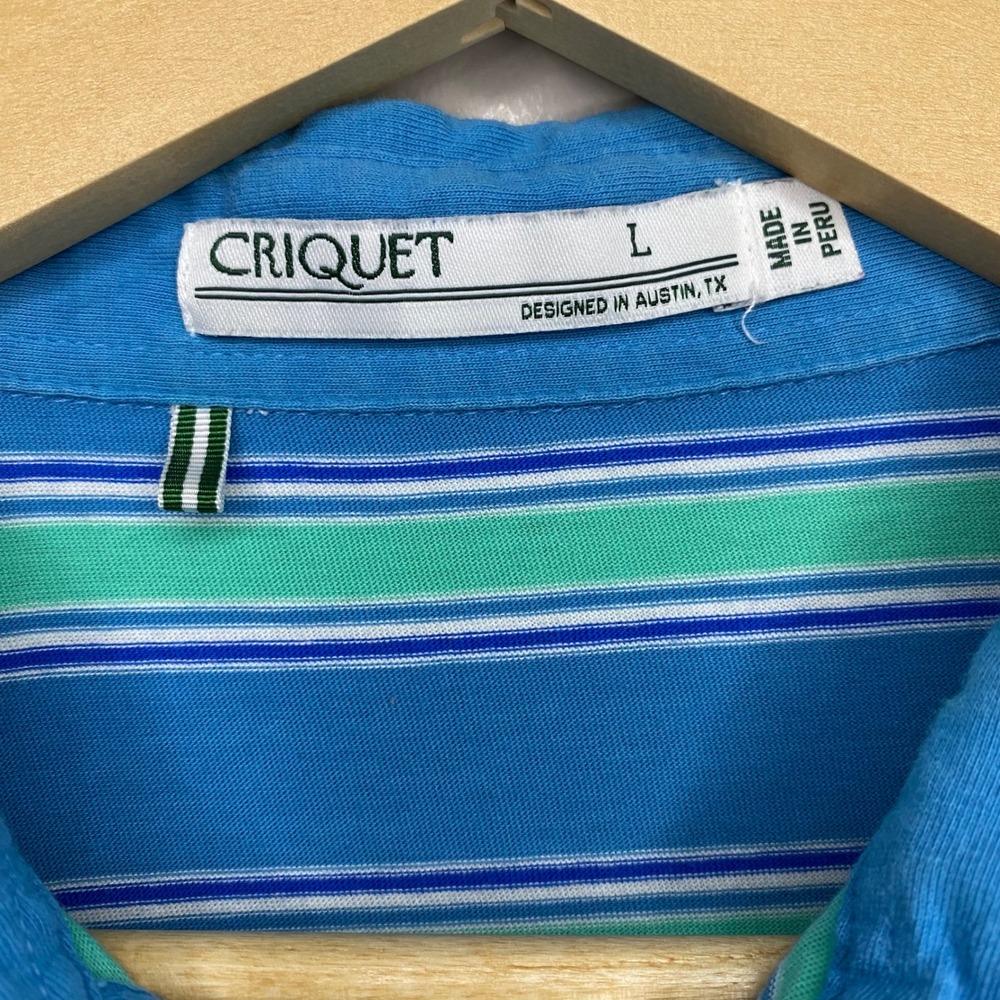 Criquet Mens Players Shirt Large Blue Green Striped Organic Cotton Polo Pocket - Picture 3 of 4